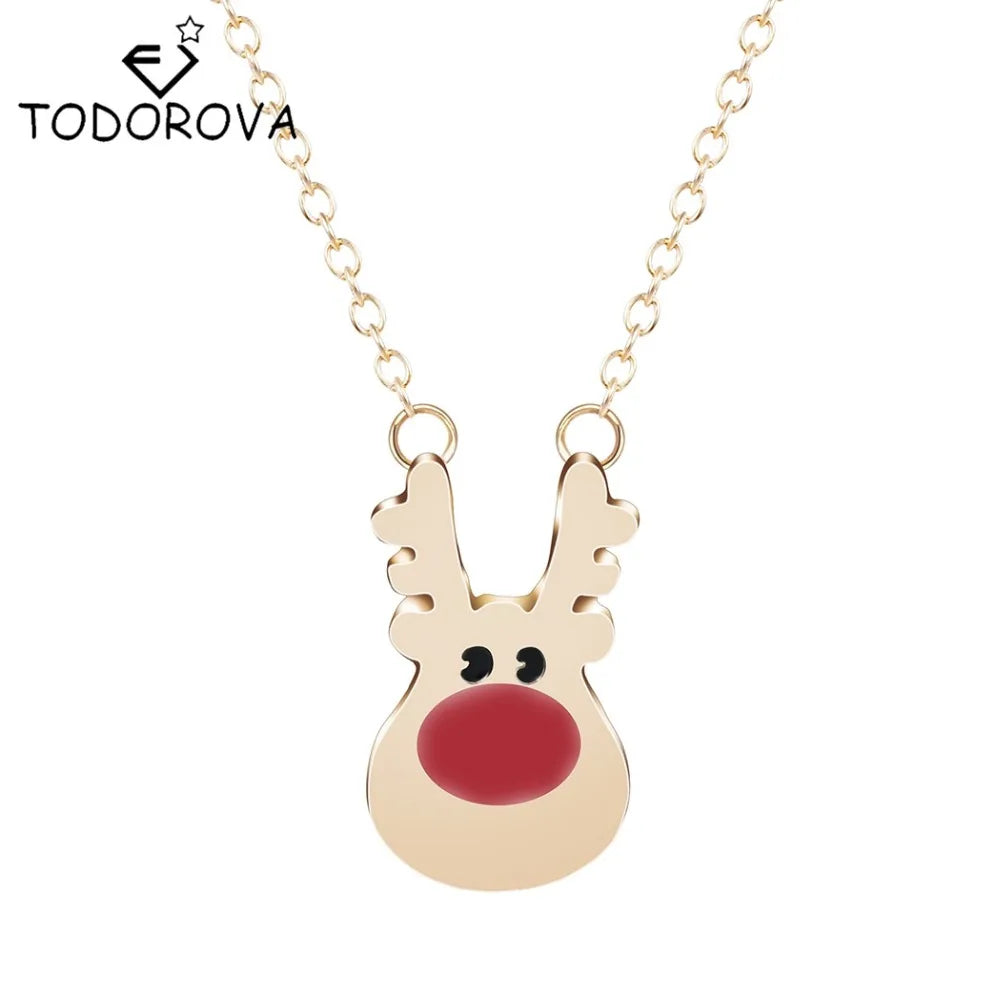 Rudolph Reindeer Red Nose Deer Pendant Long Chain Necklace