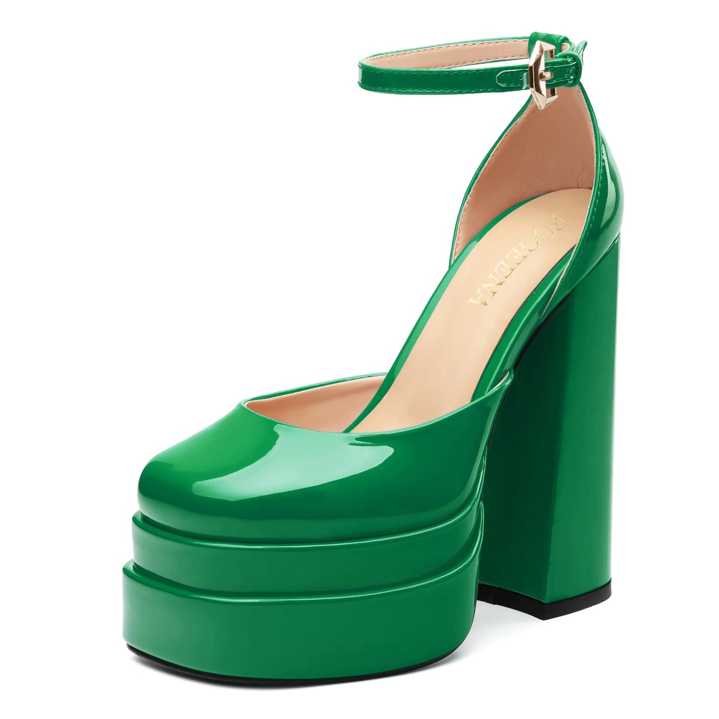 Green Platform Patent Closed Round Toe Ankle Strap High Heel Shoes