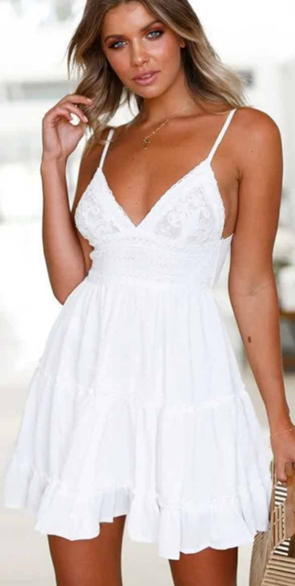 V Neck Lace Sleeveless  Spaghetti Strap Dress