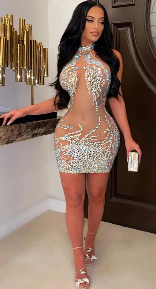 Halter-neck Mesh Rhinestone Sleeveless Mini Dress