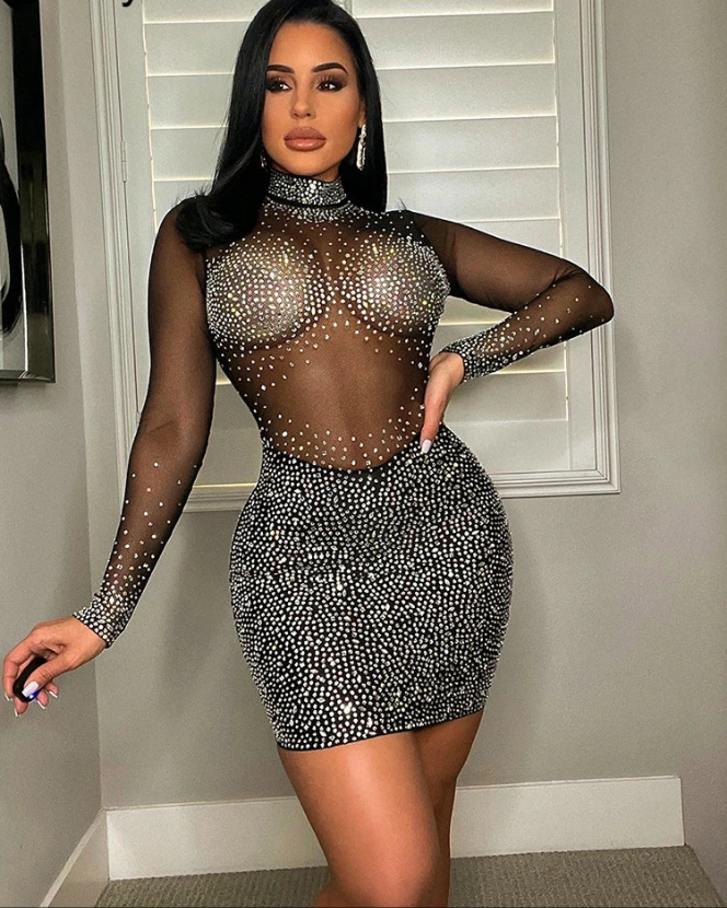 Sequin Mesh Sheer Long Sleeve Short Dress