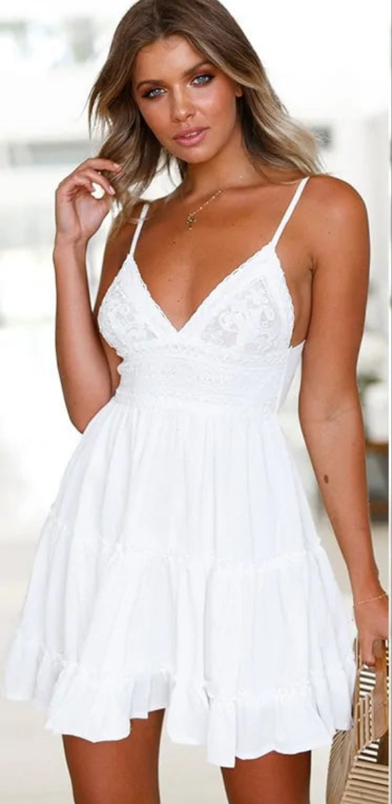 V Neck Lace Sleeveless  Spaghetti Strap Dress