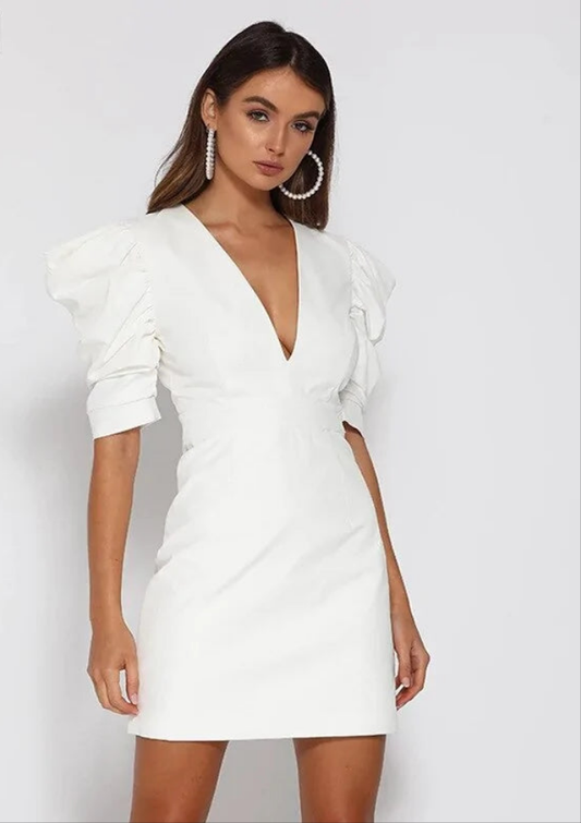 V-neck Ruched Sleeves Backless Dress