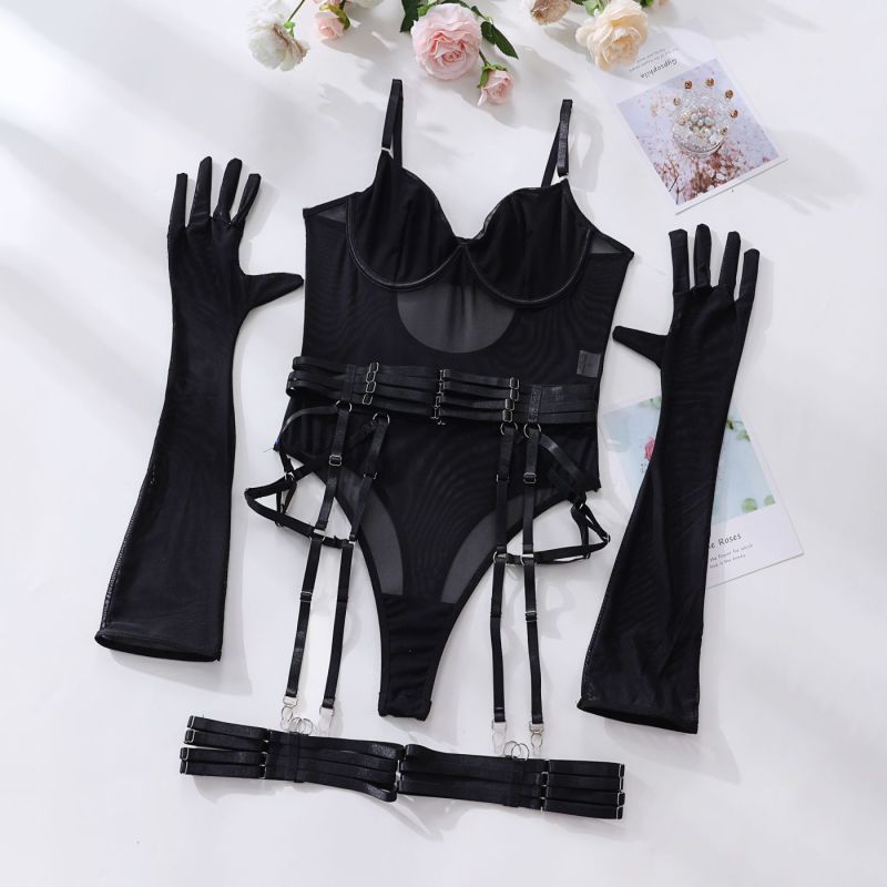 Einteiliger Mesh-Bodysuit mit Handschuhen 