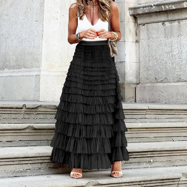 Ruffle Elastic Waist Long Skirt