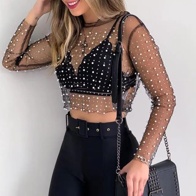 Pearl and Diamante Mesh Patchwork Crop Top