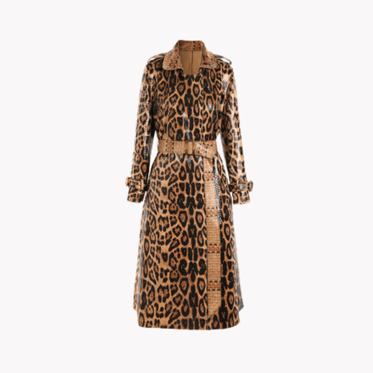 Leopard Print PU Leather Trench Coat