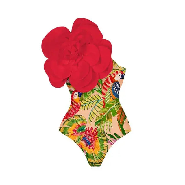 Retro Floral One Shoulder Swimsuit (belt not included)