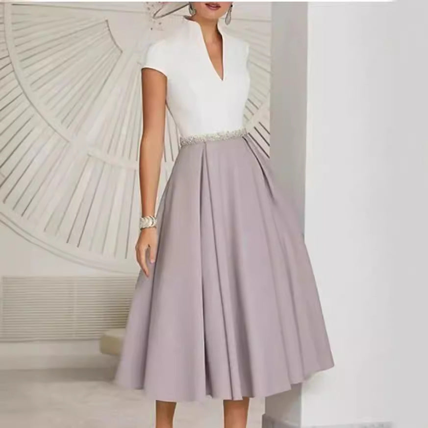 A-Line White Color-block V Neck Large Swing Dress