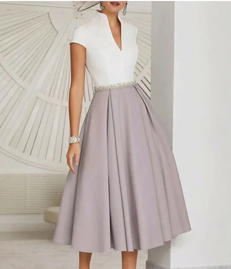 A-Line White Color-block V Neck Large Swing Dress