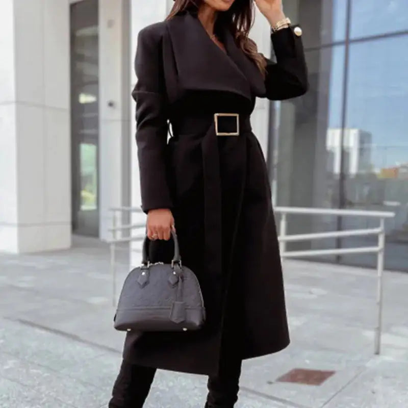 Large Lapel Long Sleeve Belted Coat