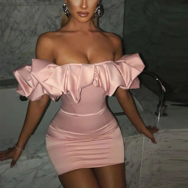 Ruffle Off-the-shoulder Satin Dress