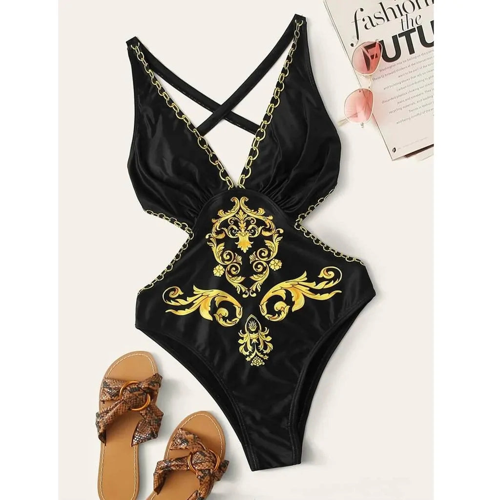 Baroque Print Criss Cross Monokini Swimsuit