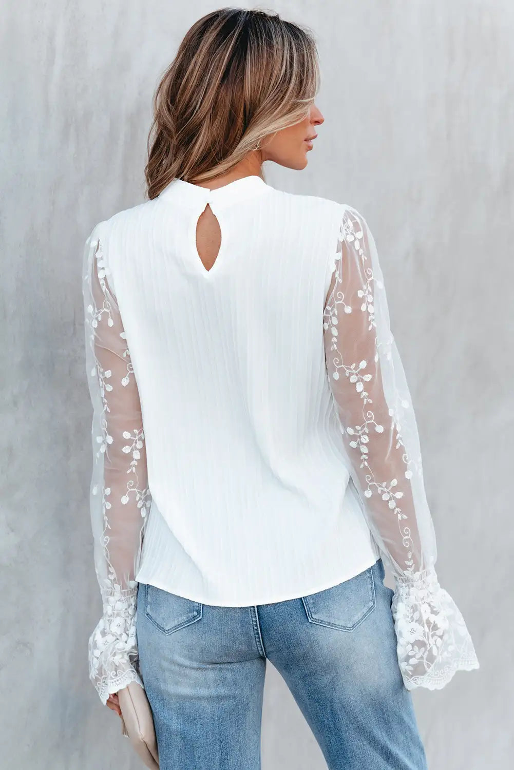 Embroidered Lace Mesh Long Sleeve Blouse