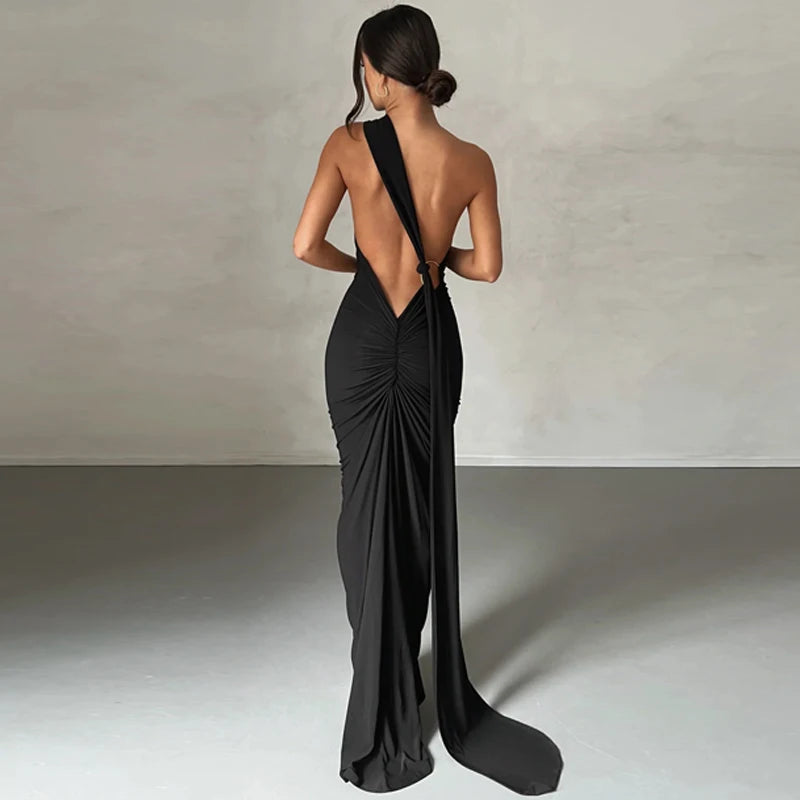 One Shoulder Backless Adjustable Scarf Loop Ruched Maxi Dress