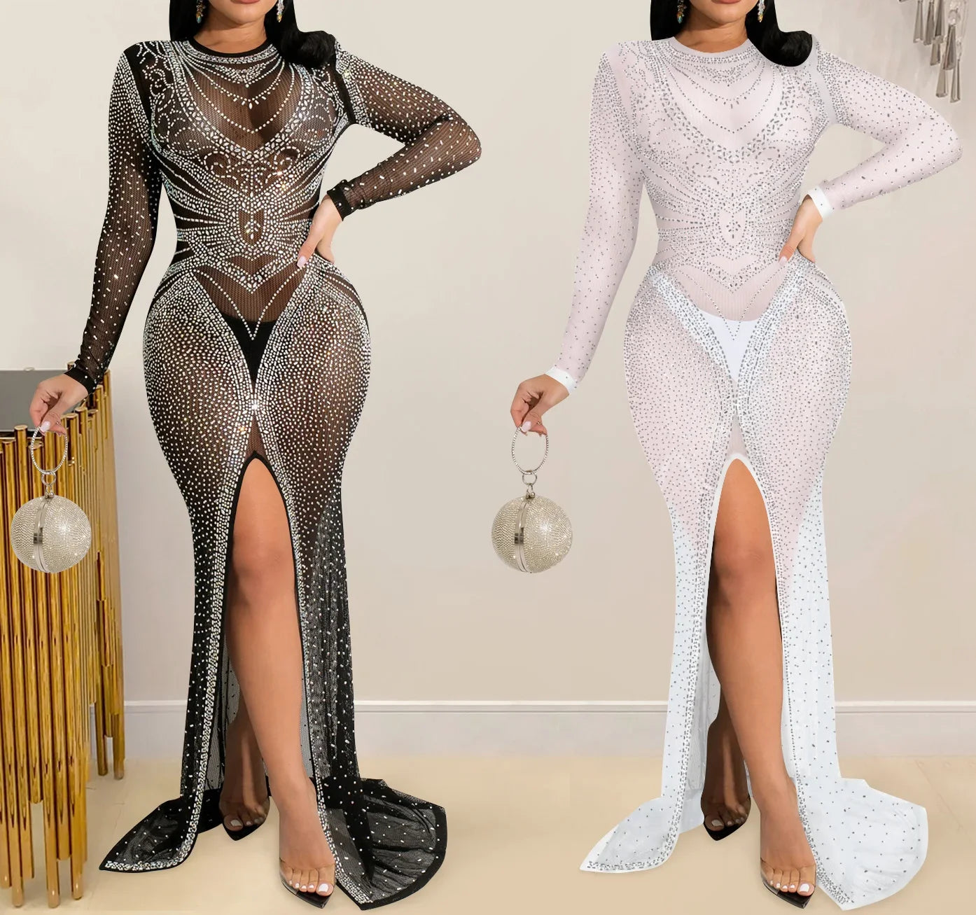 Rhinestone Mesh Long-sleeve Front-slit Dress