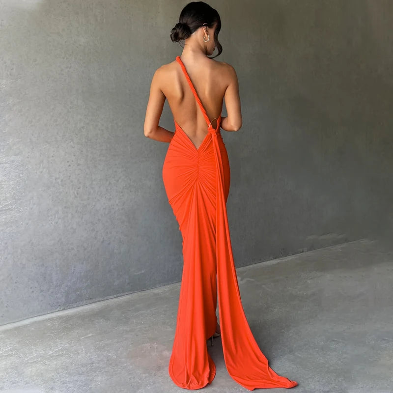 One Shoulder Backless Adjustable Scarf Loop Ruched Maxi Dress