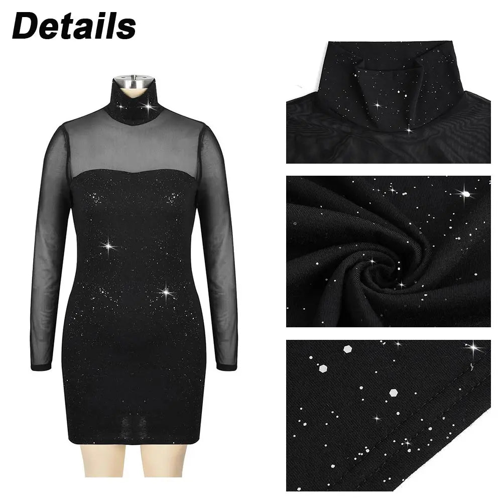 Mesh Glitter Half High Collar Long Sleeve Dress