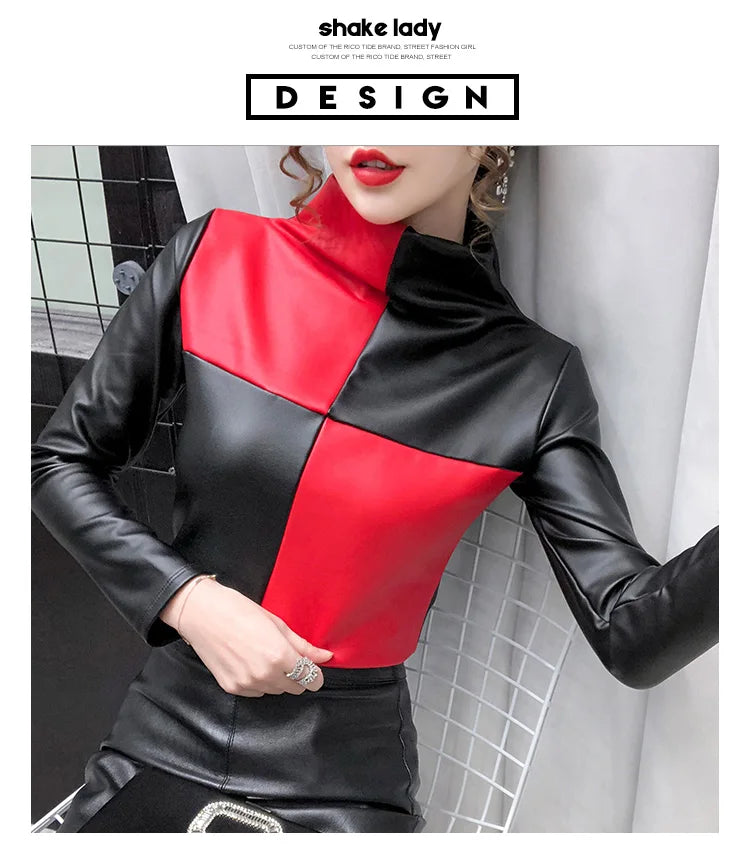 PU Leather Turtleneck Long Sleeve Blouse