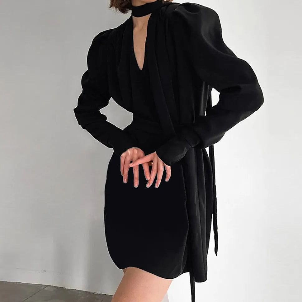 V Neck Tie Long Sleeve Dress