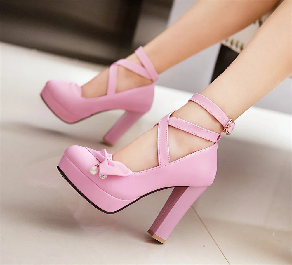 Cross-tied Ankle Strap Bow Platform High Heels Shoes