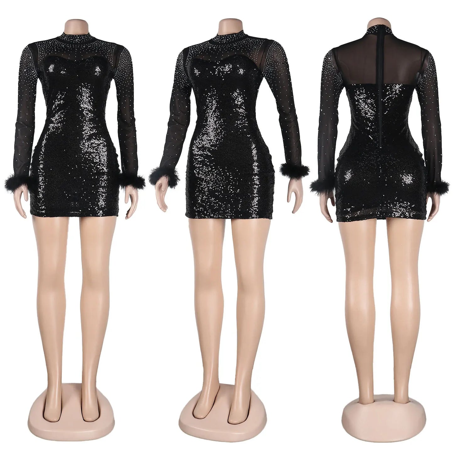 Sequin Mesh Fur Long Sleeve Mini Dress