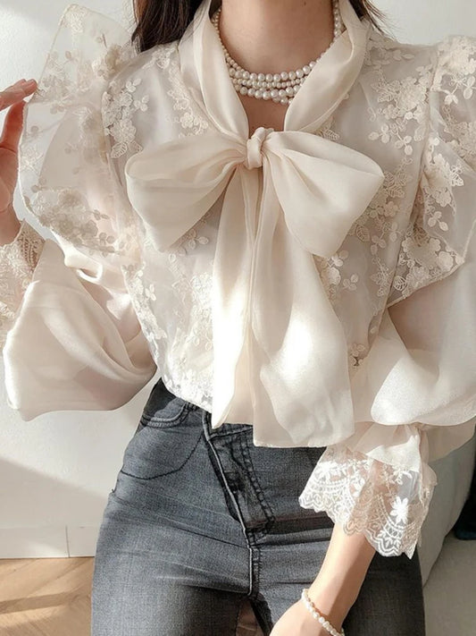 Bow Tie Lace Embroidery Flower Loose Trumpet Sleeve  Blouse