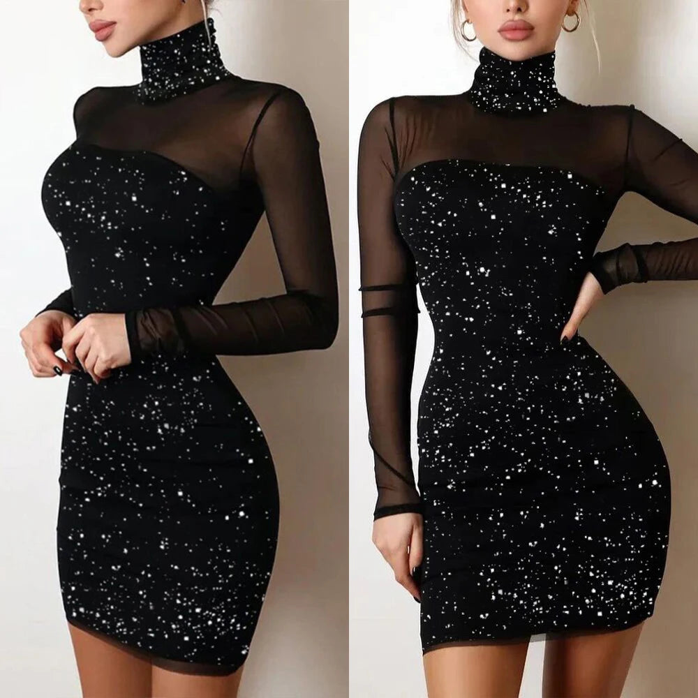 Mesh Glitter Half High Collar Long Sleeve Dress