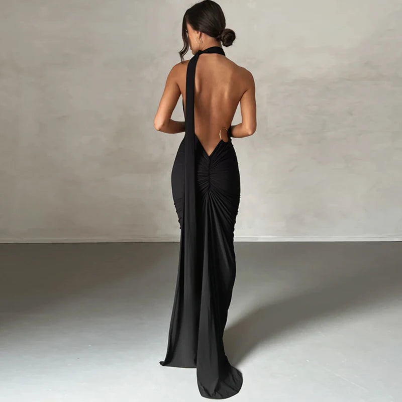 One Shoulder Backless Adjustable Scarf Loop Ruched Maxi Dress