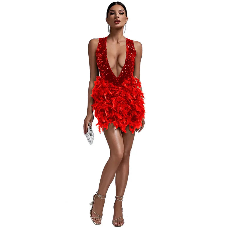 Deep V Sequins Feather Backless Mini Dress