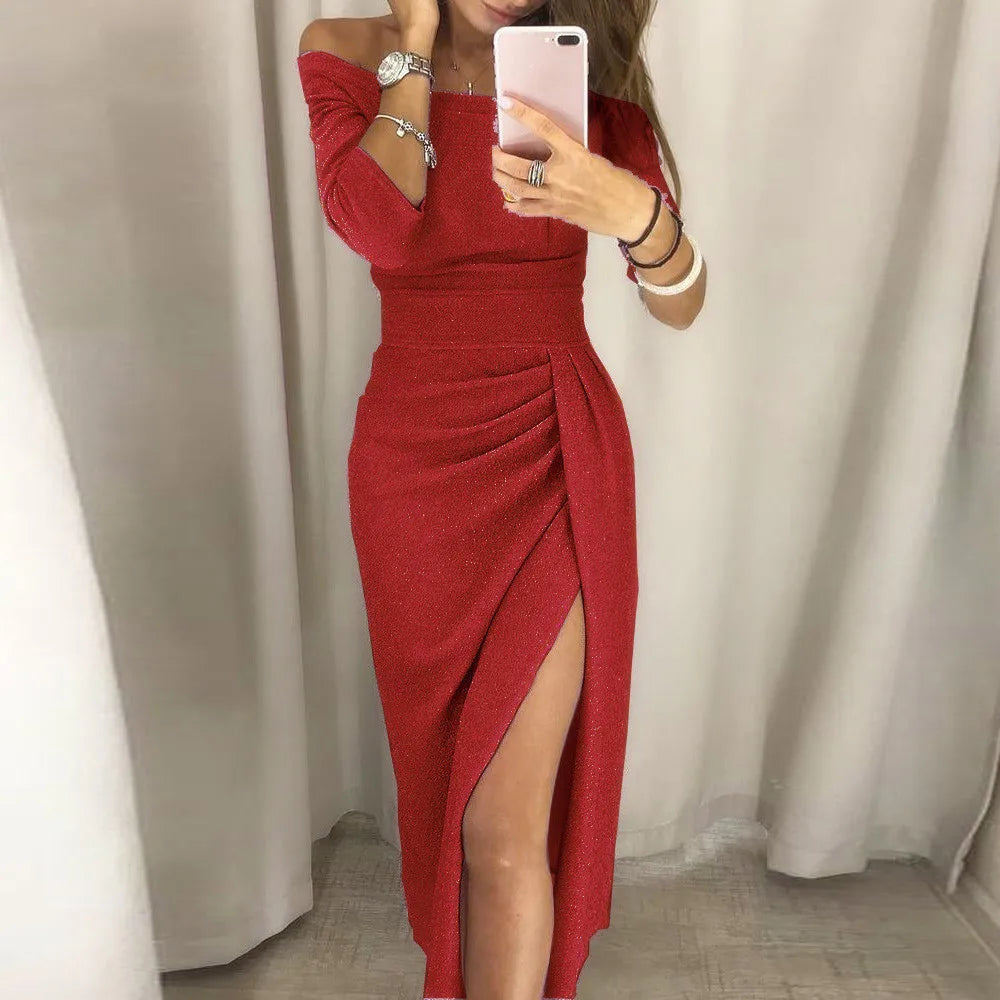 Off-the-shoulder Long Sleeve Side Split Pencil Dress