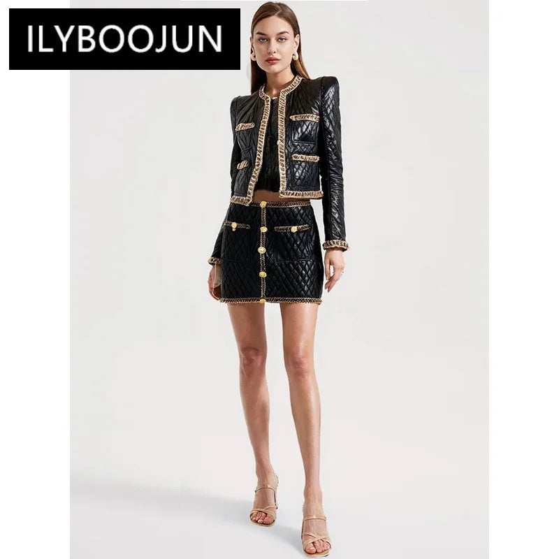 Black Faux Leather Gold Chain Edge Jacket Mini Skirt 2-piece Set