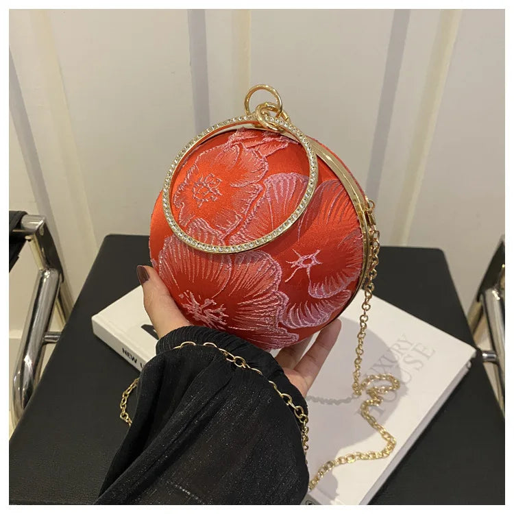 Embroidered Spherical Hand-held Shoulder Crossbody Chain Bag