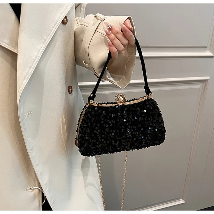 Sequin Pearl Long Chain Handbag