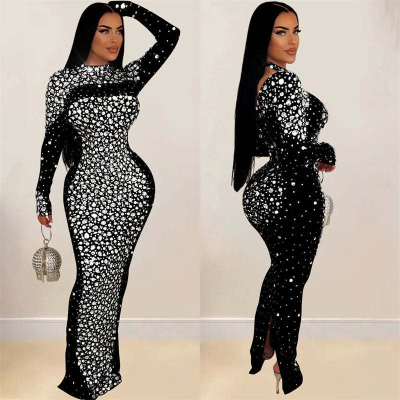 Mesh Rhinestone Long Sleeve Maxi Dress