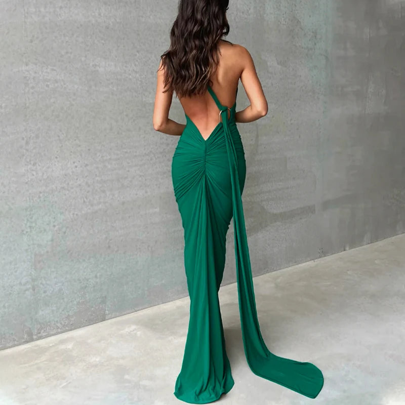 One Shoulder Backless Adjustable Scarf Loop Ruched Maxi Dress