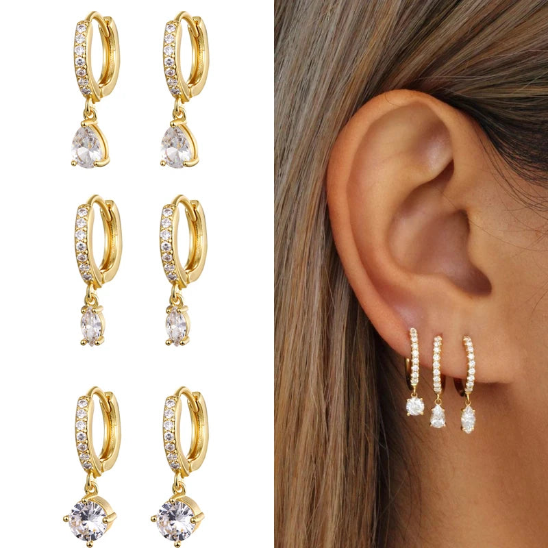 Cubic Zirconia Gold Silver Plated Hoop Drop Two-piece Earrings Set