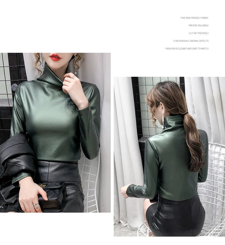 PU Leather Turtleneck Long Sleeve Blouse