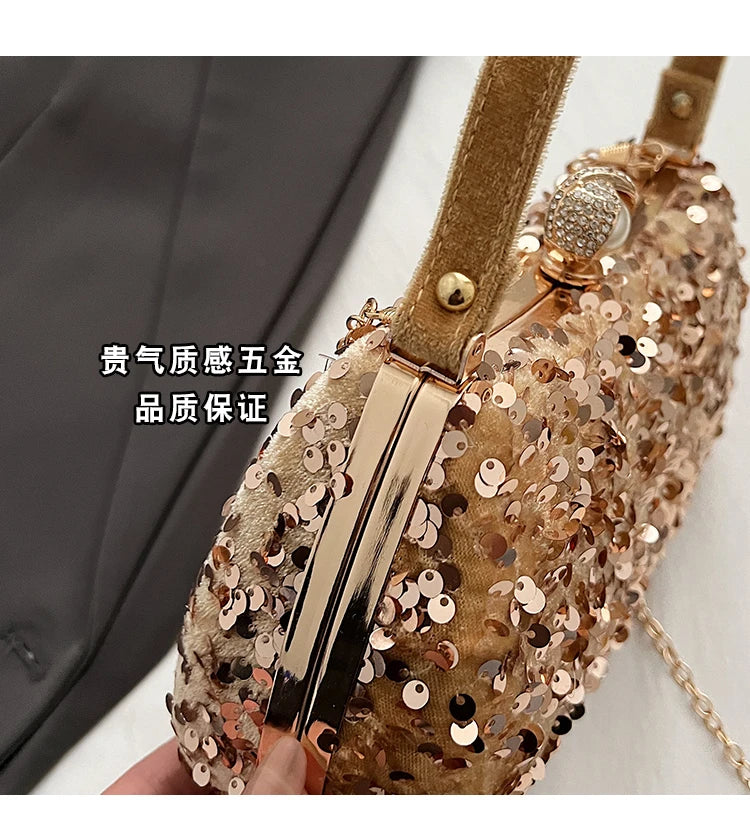 Sequin Pearl Long Chain Handbag