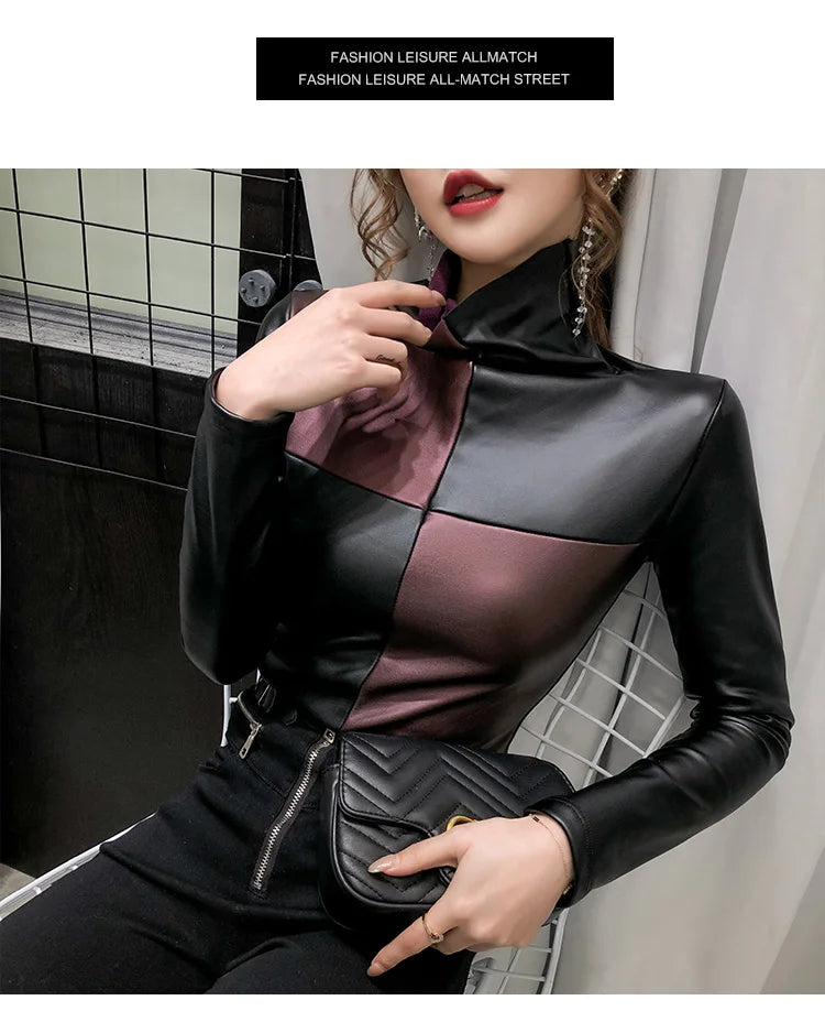 PU Leather Turtleneck Long Sleeve Blouse