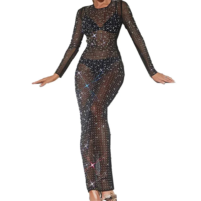 Mesh See-Through Long Sleeve Maxi Dress