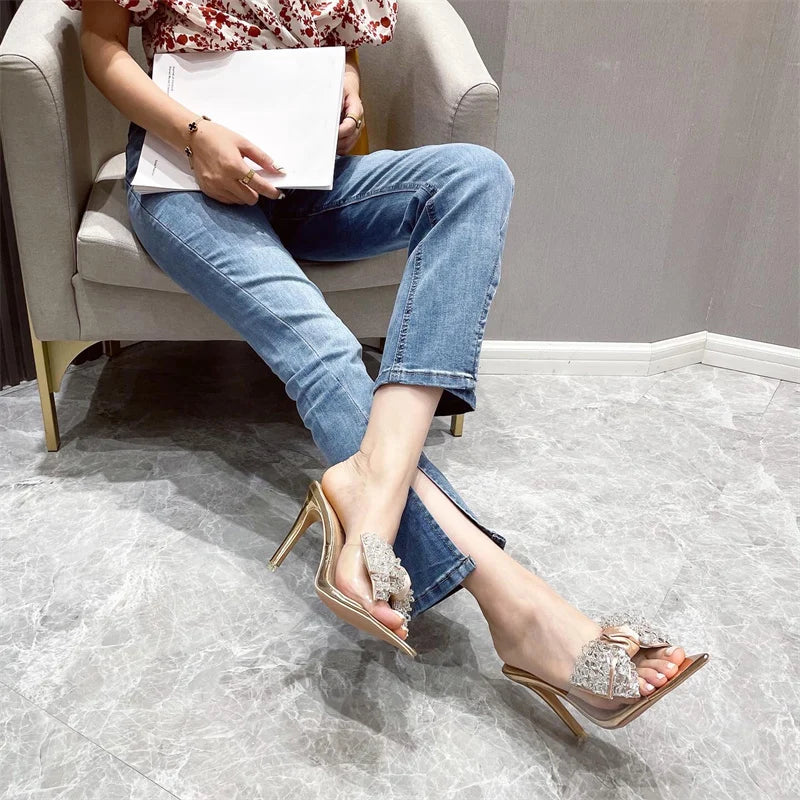 Crystal Bowknot Transparent Pointed Toe High Heels Shoes