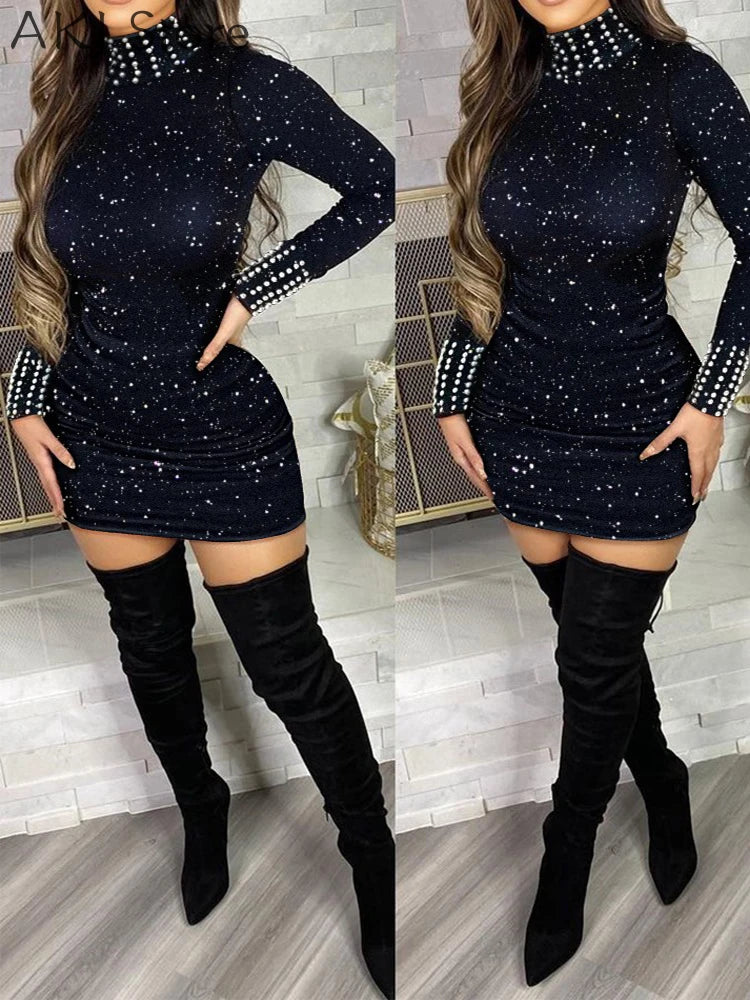 Beaded Turtle Neck Long Sleeve Glitter Print Dress