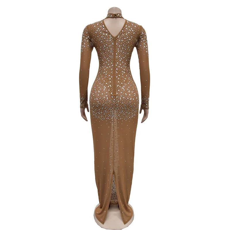 Mesh Rhinestone Long Sleeve Maxi Dress