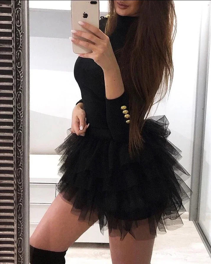 Mesh Ruffle Layered Long Sleeve Mini Dress