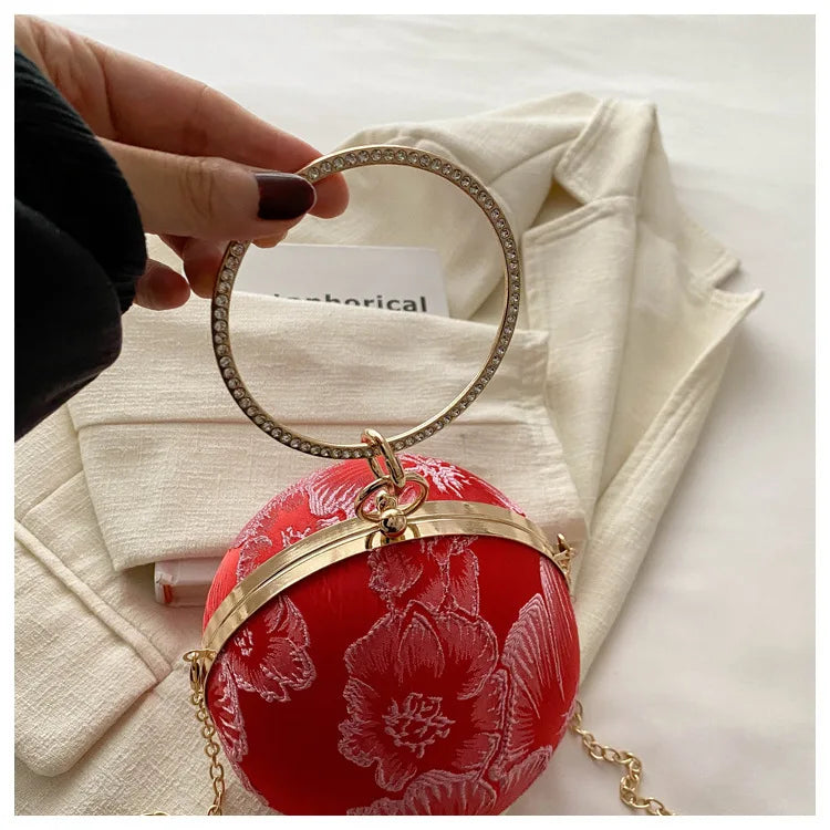 Embroidered Spherical Hand-held Shoulder Crossbody Chain Bag