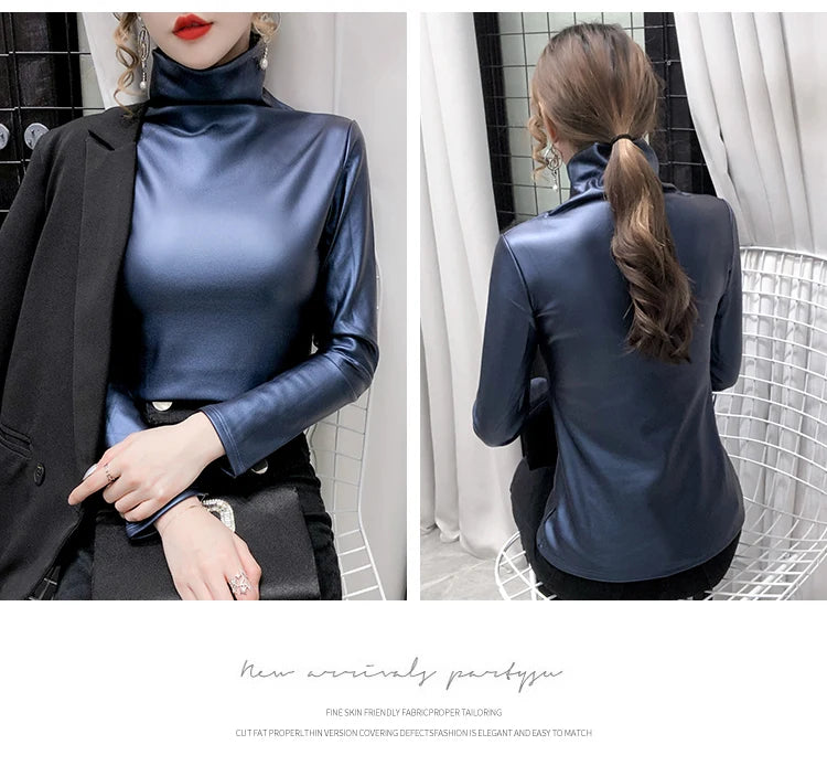 PU Leather Turtleneck Long Sleeve Blouse