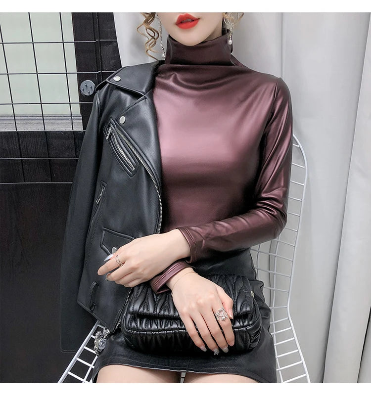 PU Leather Turtleneck Long Sleeve Blouse