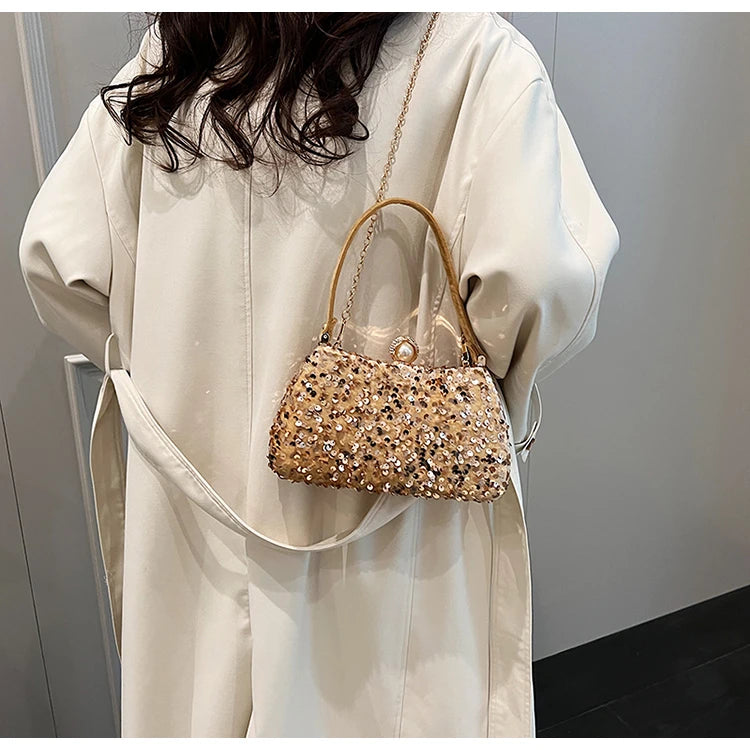 Sequin Pearl Long Chain Handbag