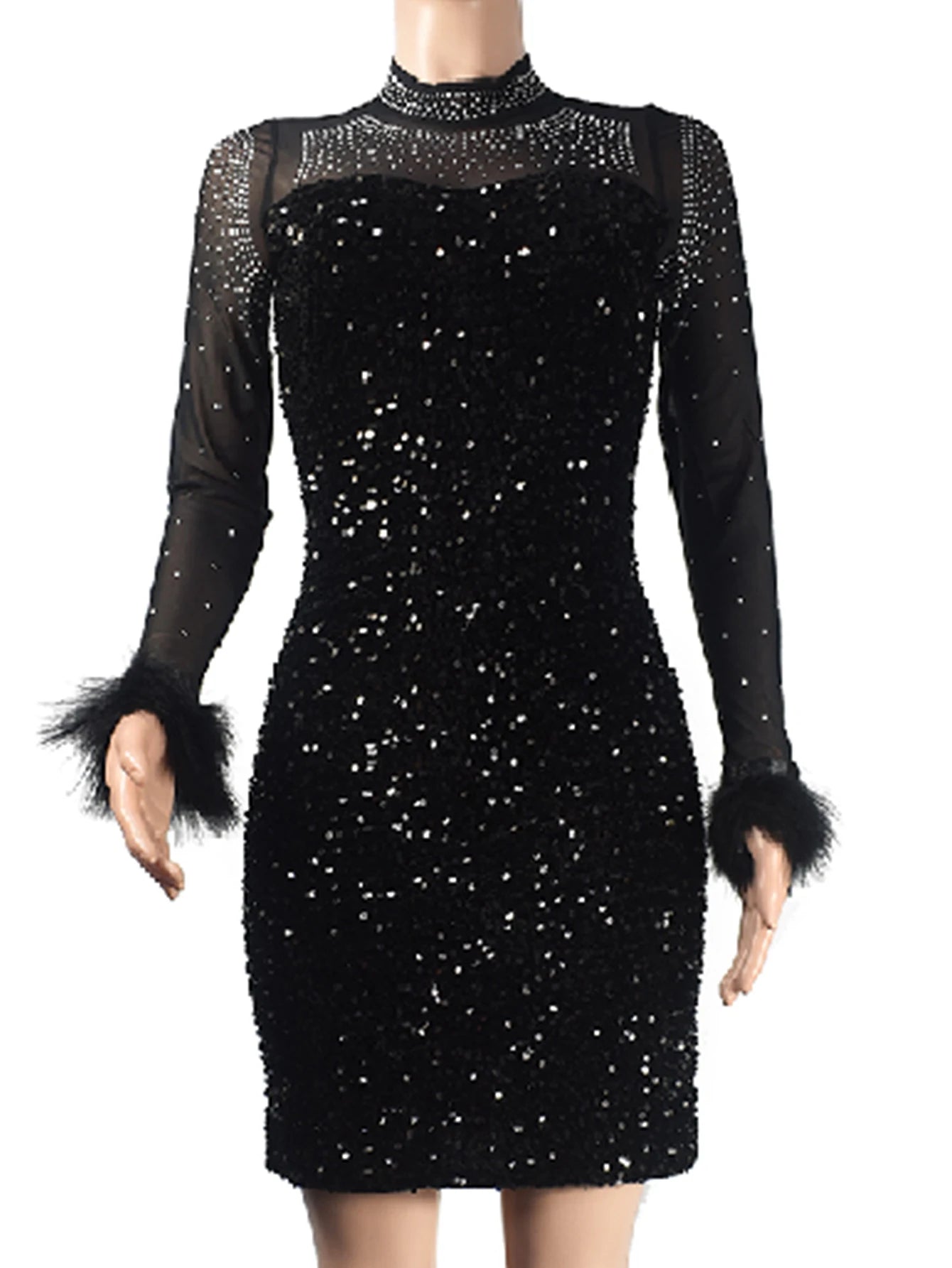 Mesh Rhinestone Long Sleeve Fur-trim Dress